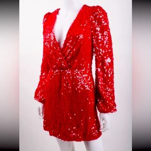 Wayf Womens Carrie Sequined Mini Dress Berry Pink XS Blouson Sleeve NWT